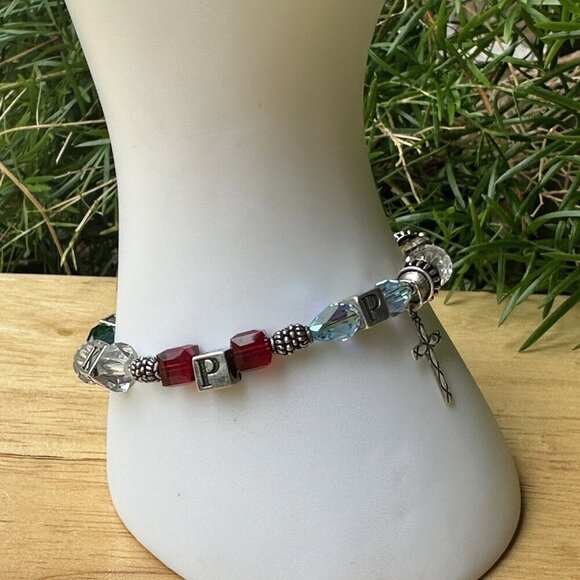 VTG Charm Bracelet Size 7 Block Letter Cross Glass Beads Colorful Sterling 18.7g - Picture 5 of 11